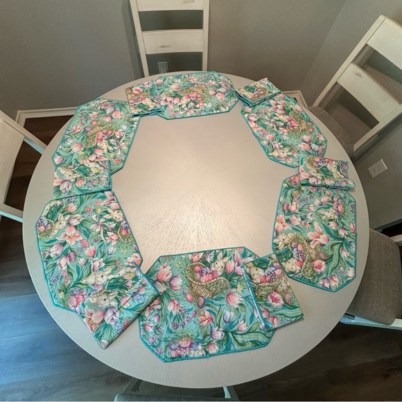 Vintage Bardwil Linens 12 Piece Placemats & Napkins Easter Day Aqua - Picture 2 of 12
